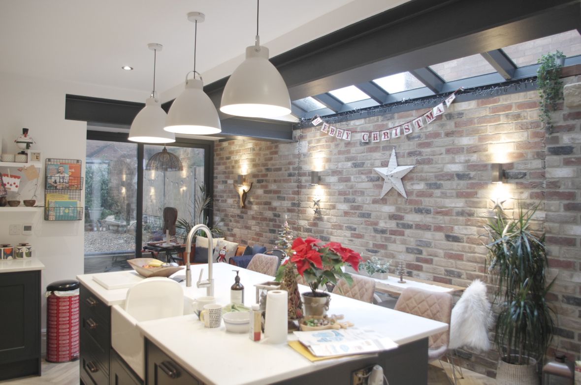 New Kitchen Diner featuring exposed steel and brickwork